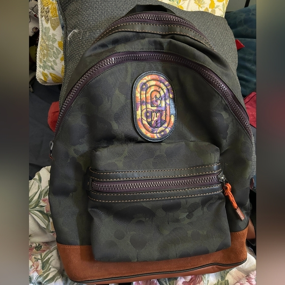 Coach BackPack, Green Army Camouflage with Orange and Purple Accents - Picture 2 of 6